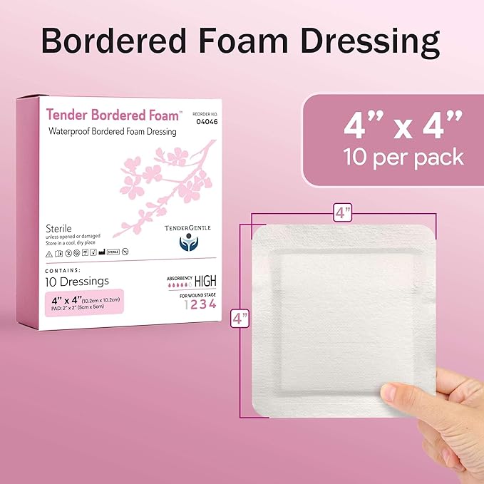 Waterproof Bordered Foam Dressing 4x4-10 Waterproof Bandages for Wound Care - Good for Pressure Sores, Lacerations, Burns, and More