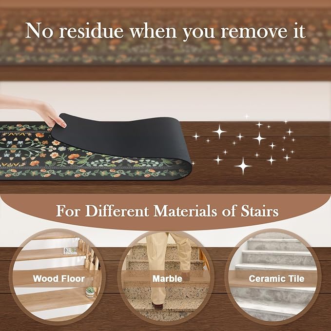 OJIA Floral Stair Treads Non-Slip Stair Runner for Wooden Steps Indoor 15PCS 30"x8" Carpet Stair Treads Stair Mats Staircase Step Treads for Kids, Elders and Dogs, Stair Covers, Black