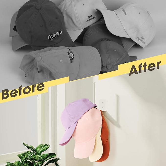 2 Pack Hat Racks for Baseball Caps, Stainless Steel Hat Organizer for Baseball Cap, Hat Holder Storage Organizer, Hat Hanger Strong Adhesive/Wall Drilled for Door, Bedroom, Closet(White 6 in)