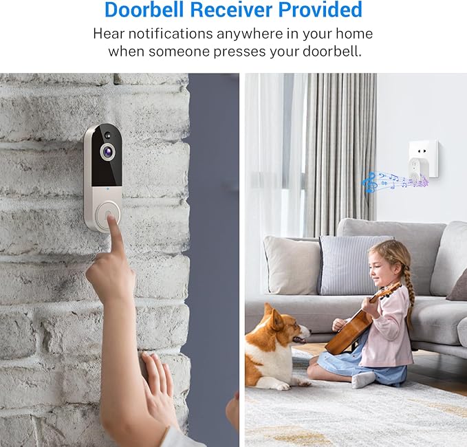 1080p Wireless Video Doorbell Camera with Indoor Receiver, AI Human Detection, 2-Way Audio, Night Vision, Cloud Storage, Real-Time Alerts, 2.4G Wi-Fi Only (Linen)