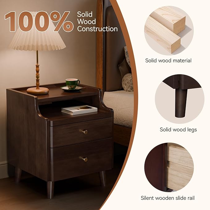 Narrow Nightstand with Drawers, Pre-Assembled Solid Wood Small Skinny Night Stand with Open Sliding Shelf Slim Bedside Table for Bedroom, Slim Side Table (2, Black Walnut, 16")