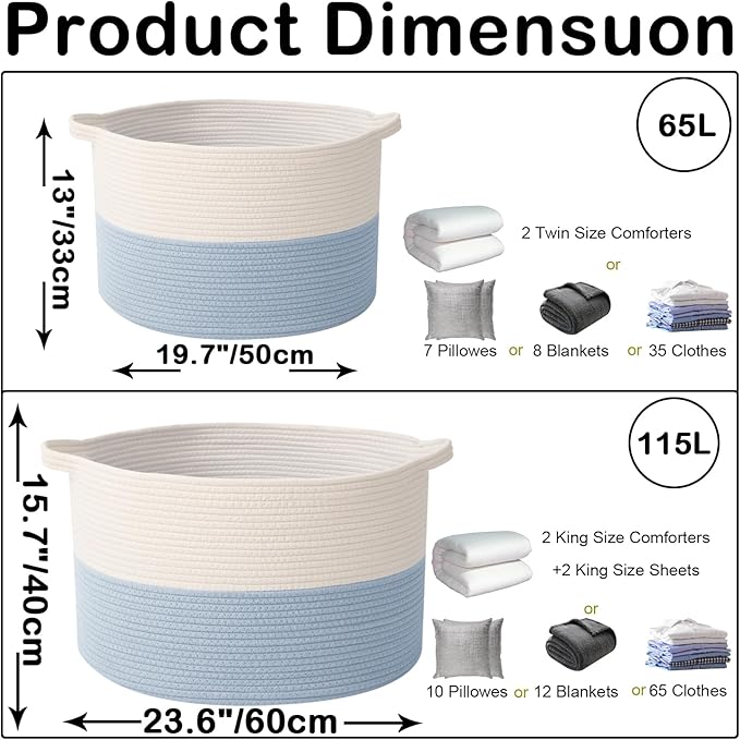Large Storage Basket with Handle,19.7" L x 19.7" W x 13" H Blanket Basket Storage Bins for Organizing,65L Cotton Rope Woven Baskets for Living Room, Nursery ,Bedroom,White&Blue