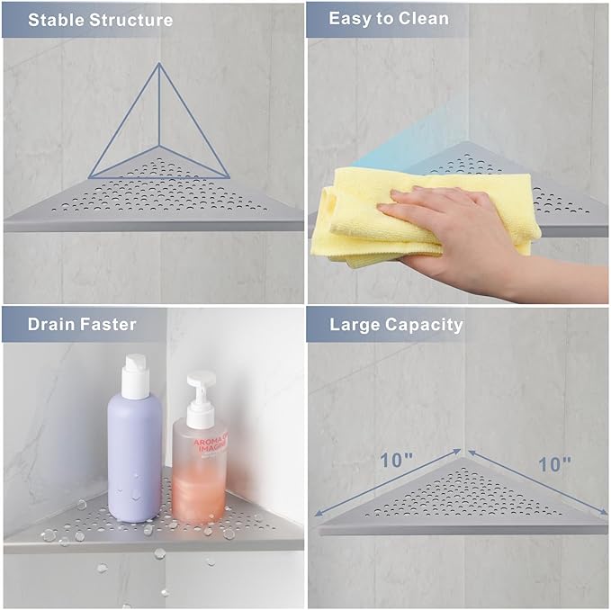 10" Brushed Nickel Corner Shower Shelf, No Drill 304 Stainless Steel Recessed Shower Shelves Grout in Corner Tile Bathroom Shelves for Tiled Wall,2 Pack
