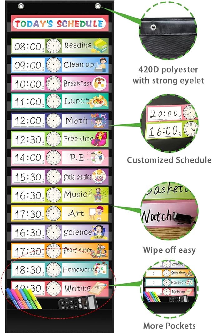 REGELETO 15+1 Pockets Daily Schedule Pocket Chart with 30 Pcs Double-Sided Reusable Cards, Scheduling Pocket Chart for Classroom Office Home School Activity(Black)