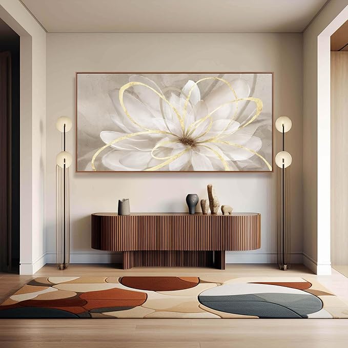 SOUGUAN Floral Wall Decorations Gold and White Canvas Wall Art Line Photo Prints 36"x70" Large Wall Painting for Living Room Office