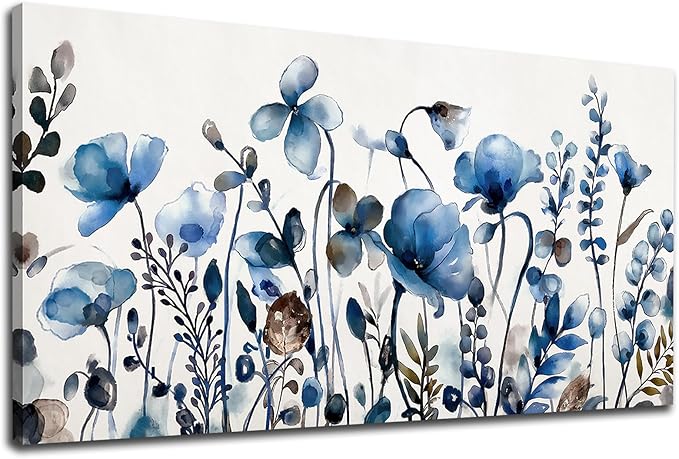 VEAEE Floral Wall Art, Abstract Indigo Flowers Canvas Pictures, Living Room Wall Decor, Modern Landscape Painting, Botanical Grass Artwork for Bedroom Bathroom Kitchen Office Wall Decor 20"x 40"