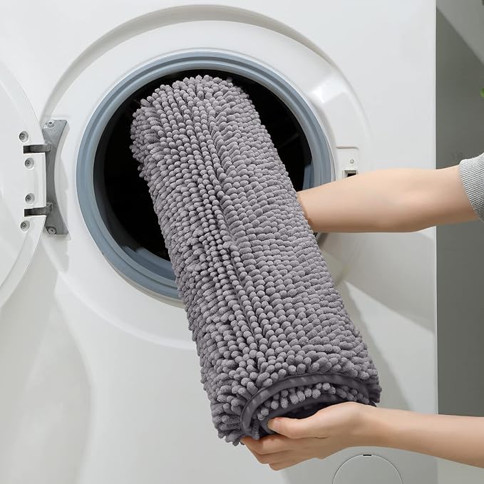 HOMEIDEAS 3 Pieces Bathroom Rugs, Ultra Soft Non Slip Absorbent Chenille Toilet Bath Mat Set (Grey)