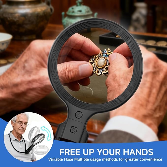 Neck Magnifying Glass with LED Light – 5X/10X Dual Lens, Hands-Free & Handheld, Adjustable Brightness, Perfect for Seniors, Crafters, Sewing, Reading & Repairing,Type-C Charging