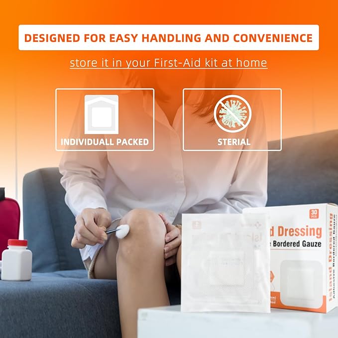 [4''x4''-30count] Carbou Island Dressing Bordered Gauze Sterile Individually Wrapped Gauze Pads,Highly Absorbent Adhesive Dressing Pad,Soft and Breathable Wound Dressing for Wound Care