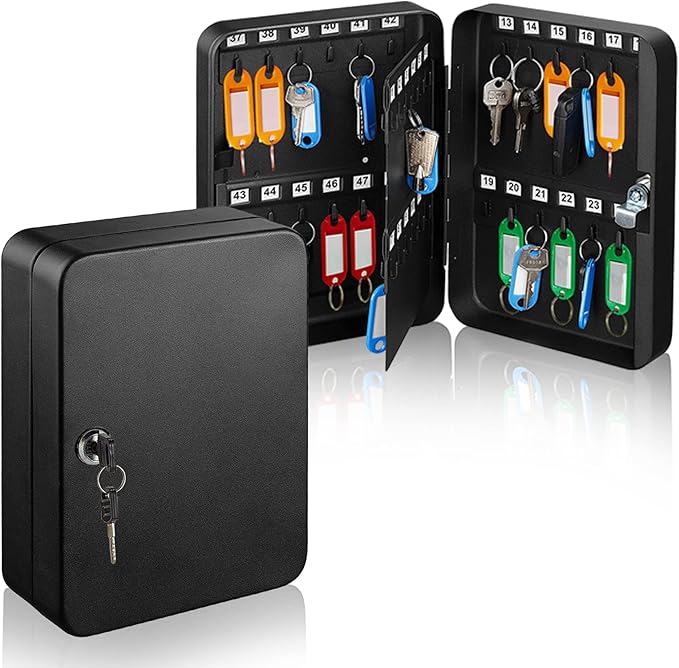 AdirOffice Key Lock Box – 48 Key Hooks Wall Mounted Key Cabinet Lock Box, Car Keys Holder Box, Lockable Key Storage Box - Metal Key Box Organizer with for Home and Office