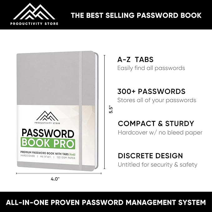 PRODUCTIVITY STORE Best Password Book With Alphabetical Tabs | Small Password Book, Organizer & Notebook | Password Keeper To Keep Website Logins & Passwords Safe | Black | Small 4x5.5