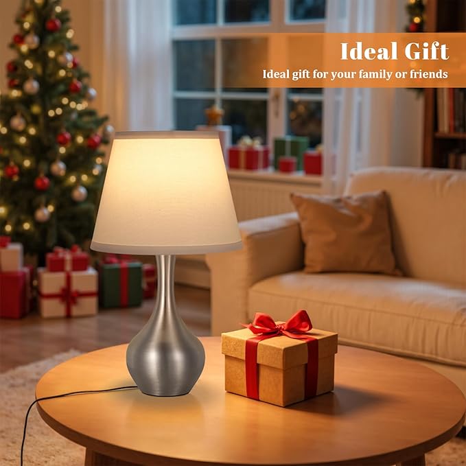 Seealle Touch Table Lamps for Nightstand, 3-Way Dimmable Small Bedroom Lamps for Night Stands, Silver Bedside Lamps for Living Room, Kids Room, End Table(LED Bulb Included)