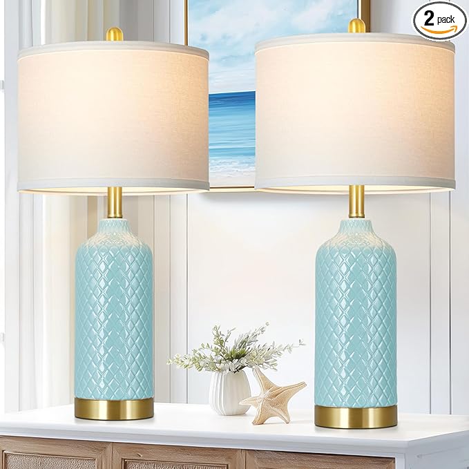 26“ Aqua Blue Ceramic Table Lamps Set of 2, Coastal Ceramic Lamps for Bedroom, Modern Bedside Lamp for Living Room, Elegant Farmhouse Nightstand Lamp for Desk Side End Table Home Decor