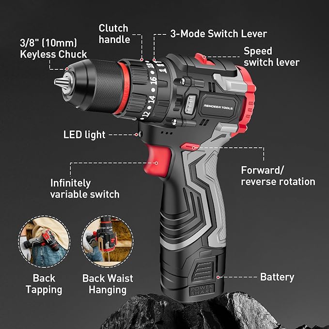 Cordless Drill Set, 16V Electric Power Drill with 2 Batteries, 398 In-lb Torque, 2-Speed & 20+3 Position Setting for DIY Home Improvement, 3/8" Keyless Chuck, LED Light