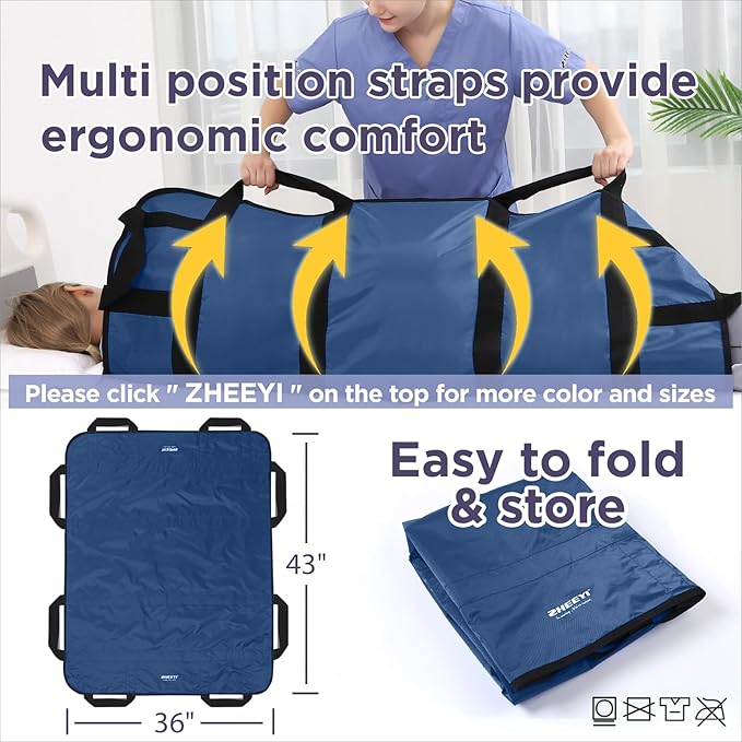 Positioning Bed Pad with Reinforced Handles 43" x 36" Patient Transfer Sheet Aid Assistant for Body Lifting, Turning, Repositioning, for Elderly, Incontinence, Caregiver, Navy Blue