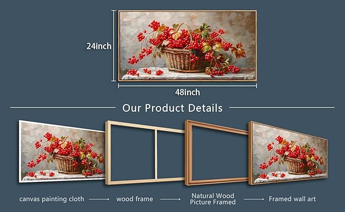 PHAOHUAXM Canvas Wall Art For Living Room Restaurant Wall Decoration For Office Bedroom Bathroom Abstract Red Fruit Mural Wooden Frame Printing Picture Artworks Modern Home Decor Aesthetics 24"X48"