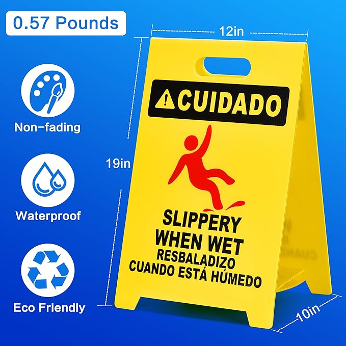 MATTHEW CLEANING 19'' Industrial Wet Floor Sign Standalone 2-Sided Durable Corrugated Plastic Birght Yellow Multilingual Warning Signs Commercial Caution Wet Fold-out Floor Signs For Indoors Only