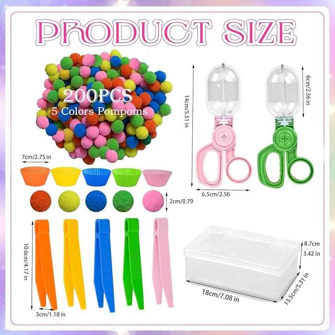 218Pcs Kid Tweezers fine Motor Skills Set,Helping Hands fine Motor Tool Set，Includes 200 Pcs Pompoms,10 Cups,5 Tweezers,2 Clips,1 Storage Box for Counting Sorting Training