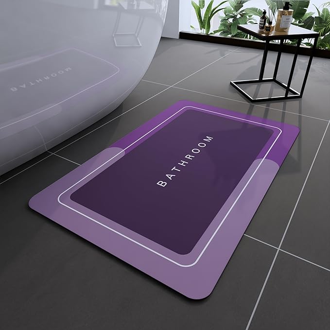Bath Mat, Bathroom Mat Rugs Super Absorbent Shower Mats Non Slip Quick Dry Thin Rubber Mats for Bathroom Floor Fit Under Door, Shower Rug for Bathtub, Shower, Purple