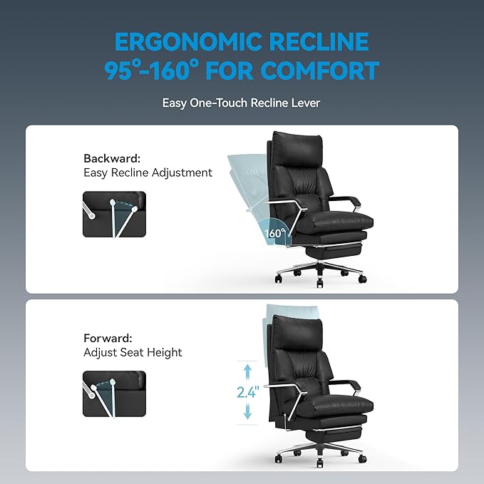 Reclining Office Chair with Footrest - 25.6" Wide Seat & Adjustable Seat Depth, Big and Tall High Back Leather Executive Home Office Desk Chair 400lbs, Black
