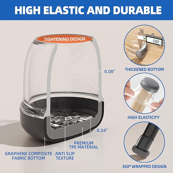 Small Chair Leg Floor Protectors for Carpet Hardwood Floors, Upgraded Chair Leg Caps with Graphene Fabric Bottom, No Hair Dust Clinging, 16 Pcs Clear Furniture Feet Covers Reduce Noise (Fit 0.8"-1")