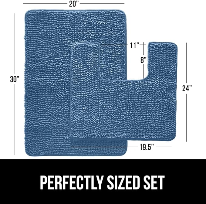 GORILLA GRIP Bathroom Rug Sets, Soft Chenille 2 Piece Area Rugs Set, Toilet Base Mat and 30x20 Carpet, Absorbent Microfiber Washable Mats Dry Quickly, Home Décor and Bath Room Accessories, Blue