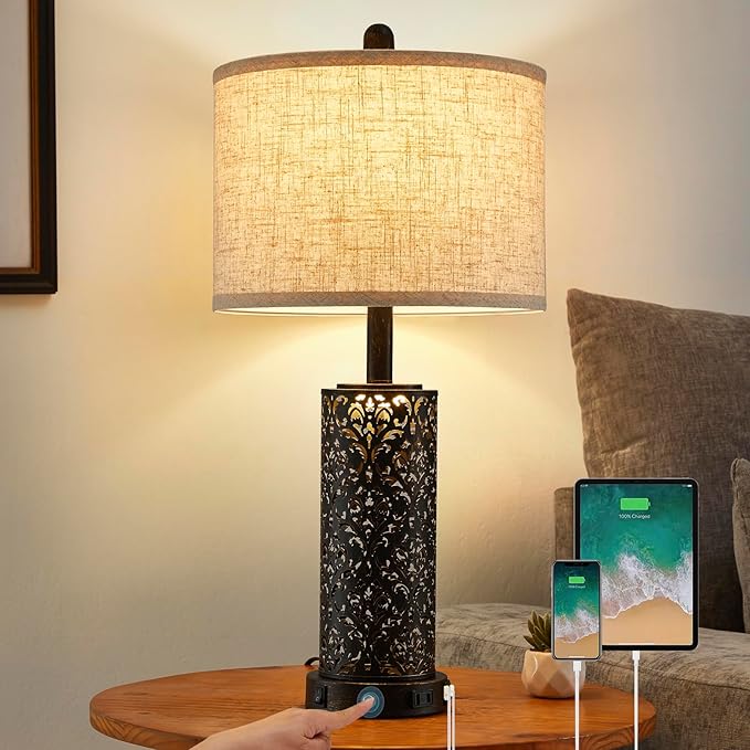 26" Farmhouse Table Lamp Dual Light 3-Way Dimmable Touch Control, 2 USB Ports + AC Outlet Rustic Bedside Lamp for Living Room Bedroom and Nightstand with Nightlight (Black-1 Pack)