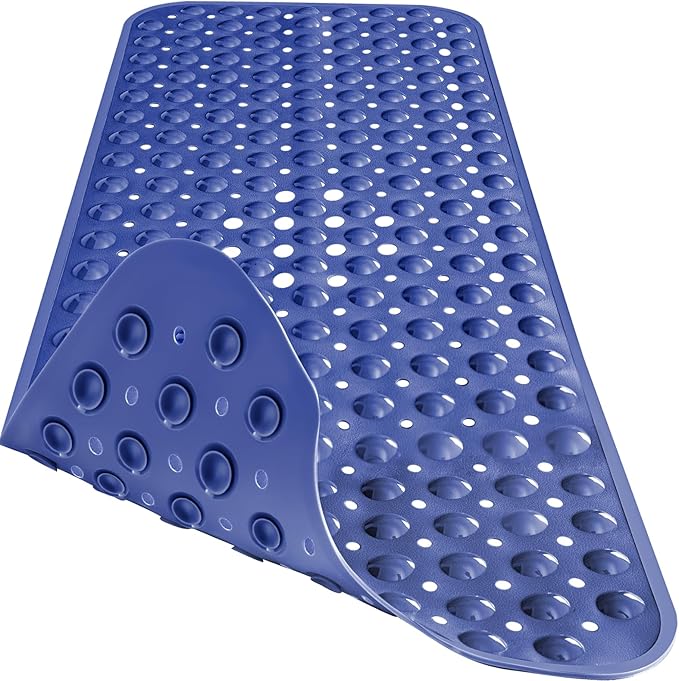 Extra Long Bathtub Mat Non Slip, Navy Blue Soft Bath Mat for Tub 40 x 16 Inch Full Size, Bath Tub Shower Mats for Bathroom Floor, Big Suction Cups and Drain Holes, Easy Washable, BPA Free