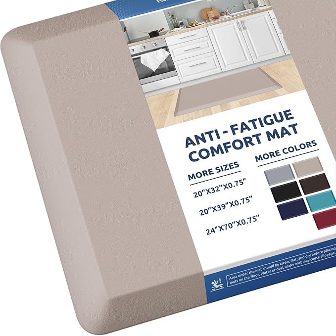 KitchenClouds Kitchen Mat Cushioned Anti Fatigue Rug 20"x32" Waterproof, Non Slip, Standing and Comfort Desk/Floor Mats for House Sink Office (Khaki)