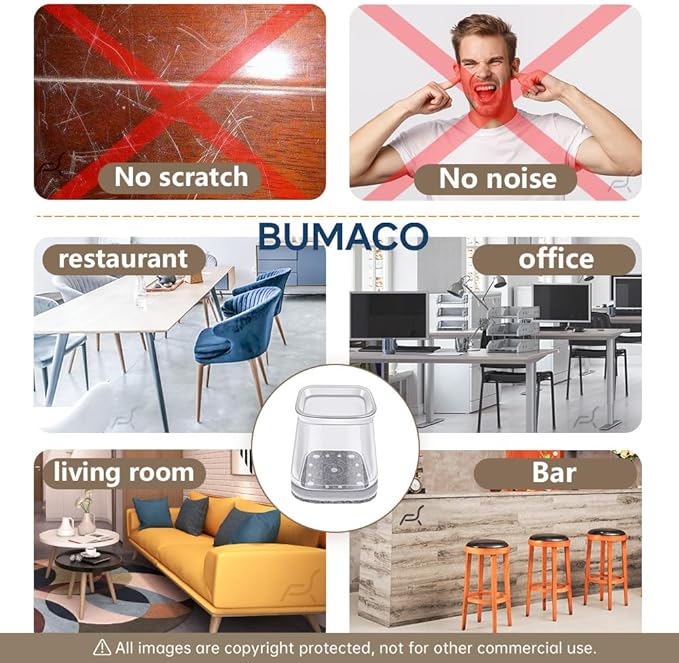 BUMACO Chair Leg Floor Protectors Square Chair Leg Protectors for Hardwood Floors Silicone Pads Covers to Protect Floors Clear-40 Pcs Square L (1-1/16" to 1-5/8")