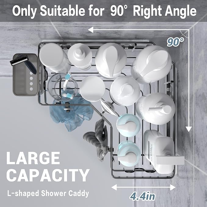 Corner Shower Caddy, 2 Pack Adhesive Shower Corner Organizer Shelves, No Drilling Stainless Steel Shower Storage Rack with Hooks&Toothpaste Holder for Bathroom Kitchen （for 90° Corners Only）
