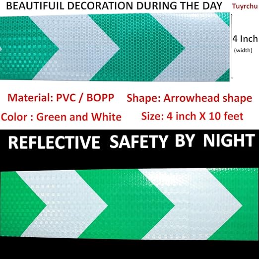 Reflective Tape Green and White 4 inch X 10 feet, Outdoor Waterproof Hazard Conspicuity Warning Industrial Marking Tape