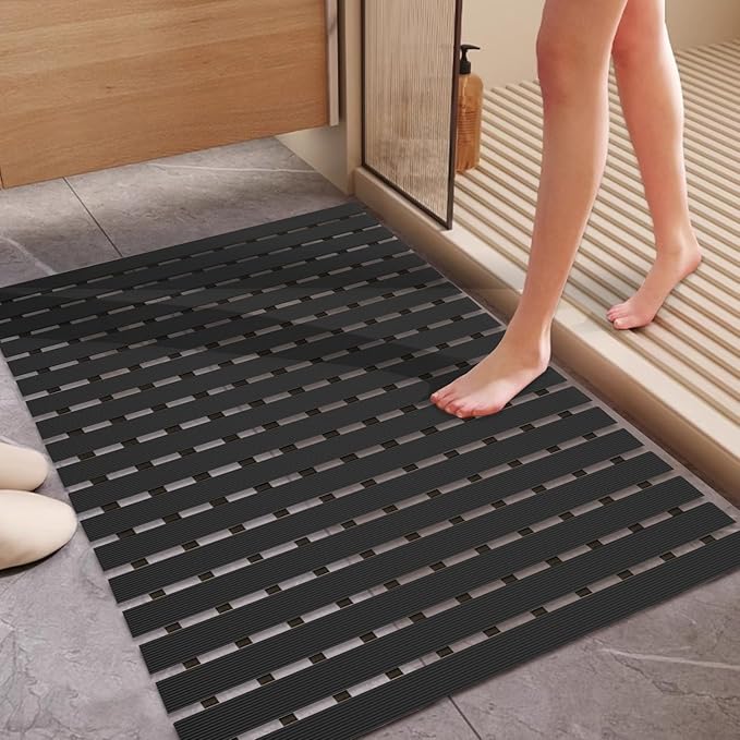 Extra Large Shower Mat Non Slip (35.4"*23.6"),Heavy Bathtub Mat for Elderly with Drain Holes,No Suction Cups Large Shower Floor Mats for Inside Shower,Black