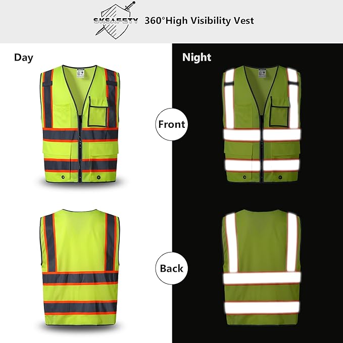 SKSAFETY 10 Pockets Safety Vest, Class 2 High Visibility Security with Zipper Back Mesh, Hi Vis Vest with Reflective Strips, ANSI/ISEA Standard, Construction Work Vest for Men ＆ Women （Lime, 4XL）