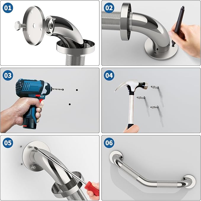 16 Inch Angled Shower Grab Bar, Munzong Anti Slip Satin Brushed Nickel Bathroom Grab Bar, Knurled Bathroom Balance Bar,Safety Hand Rail Support Handicap Elderly Injury Senior Assist Bath Handle