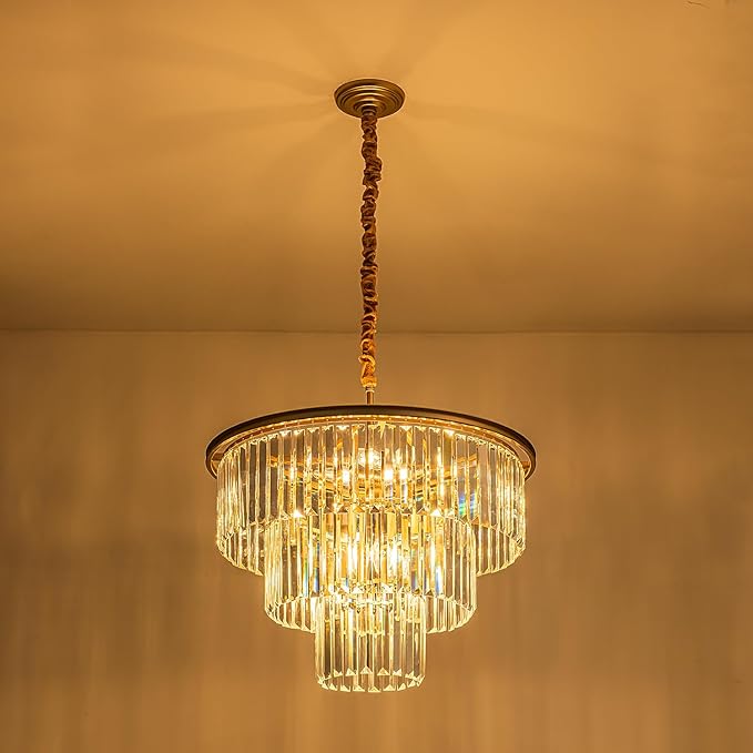 12-Light 23.64" Gold Modern Crystal Chandelier Crystal Pendant Chandeliers Light Fixture 3-Tier Hanging Lighting for Living Dinning Room Bedroom Foyer