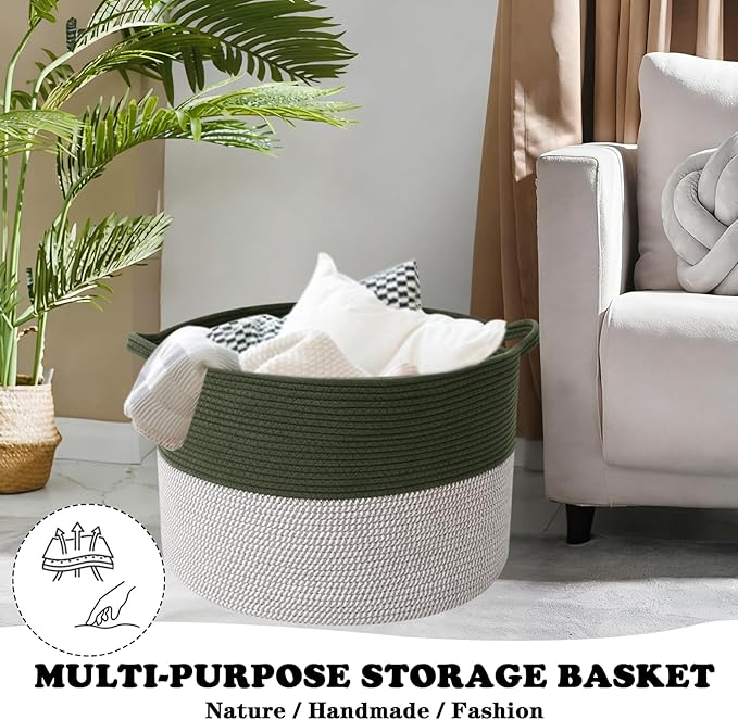 Large Storage Basket with Handle,19.7" L x 19.7" W x 13" H Blanket Basket Storage Bins for Organizing,65L Cotton Rope Woven Baskets for Living Room, Nursery ,Bedroom,Green&White