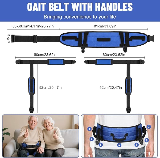 Rhino Valley Gait Belt with Leg Straps, Transfer Belts with 7 Handles, Gate Belts Medical for Elderly, Lifting Belt for Bariatric, Handicap, Physical Therapy Equipment, Blue & Black