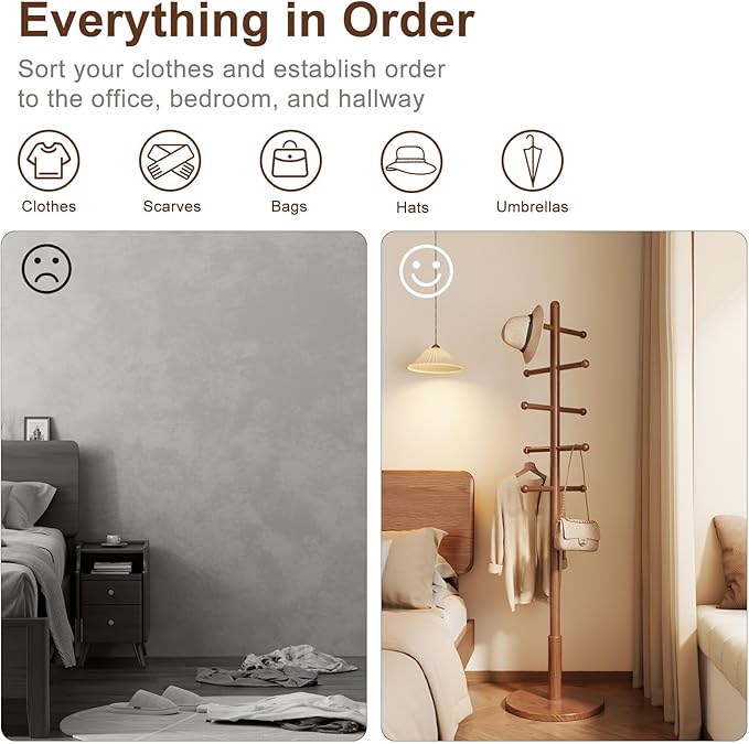 Solid Wood Coat Rack Freestanding with 10 Hooks, Coat tree freestanding 3 Adjustable Heights for coat, Hats, Handbags, Coat Stand for Entryway,Bedroom,office