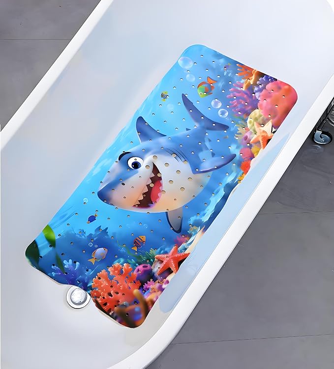 Bathtub Mat Non Slip Shower Mat for Kids, Extra Long 40"x16", Machine Washable Bathmat with Drain Holes, Suction Cups for Bathroom Floor, Cartoon Shark Bath Tub Mat for Students,Toddler,Pets