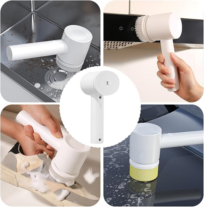 Cordless Cleaning Brush - Lightweight Electric Bathroom Scrubber, 12 Inch Handle with Grip, Rotating Head Pair with Frame, Home Supplies Tool, Multi Device for Bathtub, Toilet, Sink, Tile