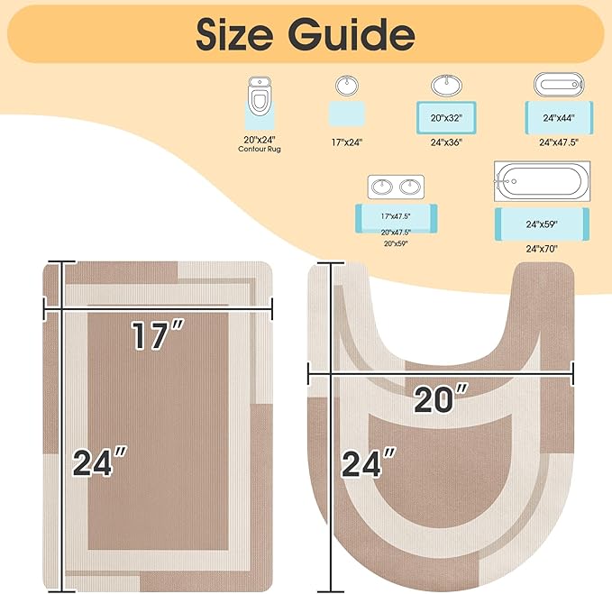 Ultra Thin Bath Mat, Upgrade Non Slip Thin Bath Mats Fit Under Door, Quick Dry Ultra Absorbent Bathroom Rugs, Machine Washable Bath Rugs for Bathroom, Taupe/Bordered/24"x17"+ 24"x20" Contour Rug