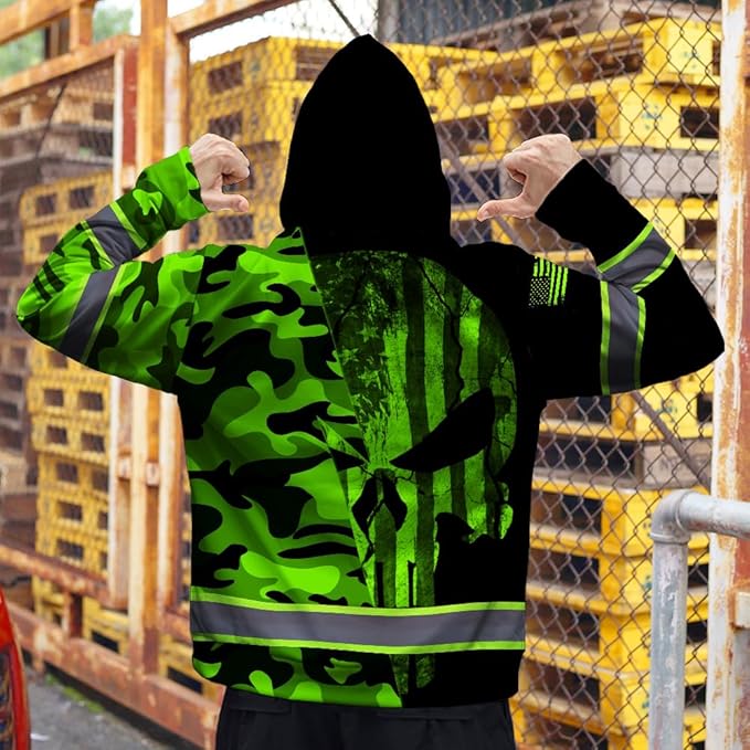 Maddly Hi Vis Reflective Zip Up Hoodie, High Visibility Safety Jacket with Skull Design for runner, worker, trucker, cyclist