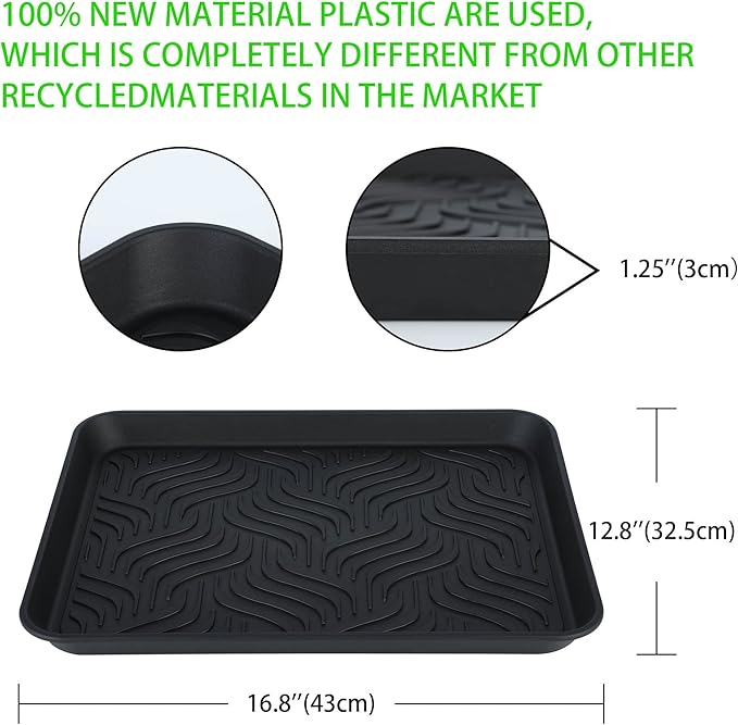 Boot Tray for Entryway Indoor, Heavy Duty Shoe Mat 2 Packs, 16.8"x12.8" Waterproof Shoe Tray with Raised Edge, Outdoor Multi-Purpose Tray for Boots, Garden, Pets (Black)