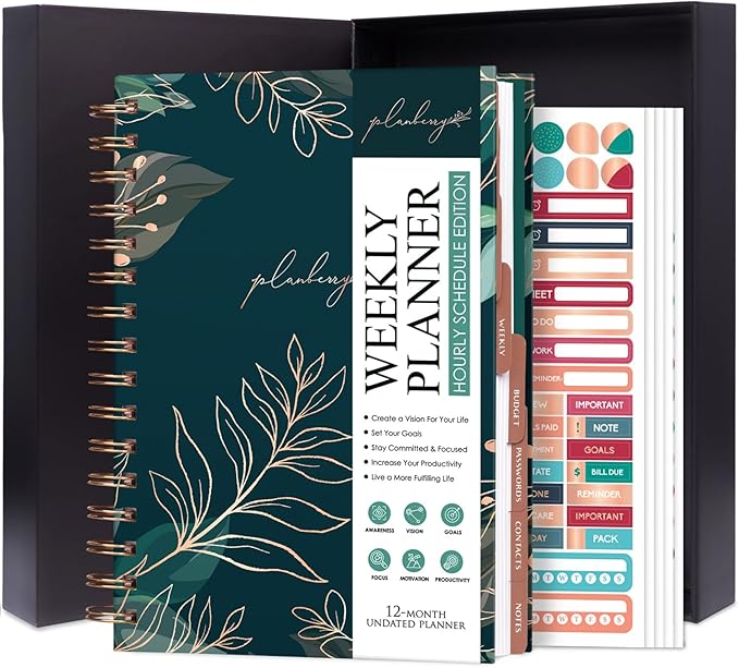 PLANBERRY Hourly Schedule Planner Premium – Undated Weekly Organizer with Time Slots & Monthly Budget – Time Management, Goal Setting, to-Do List & Habit Tracker –6.9″x8.5″(Green Pastures)