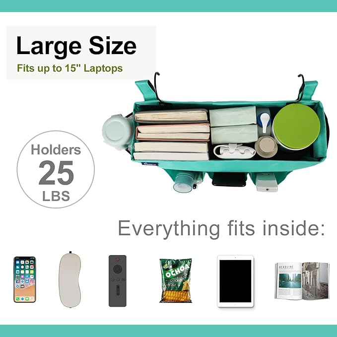 Surblue Bedside Organizer with Hook Hanging Storage Bag with Adjustable Strap and Water Bottle Holder for Home, College Dorm, Hospital Accessories, Crib Bed Rail, Green, 2PCS
