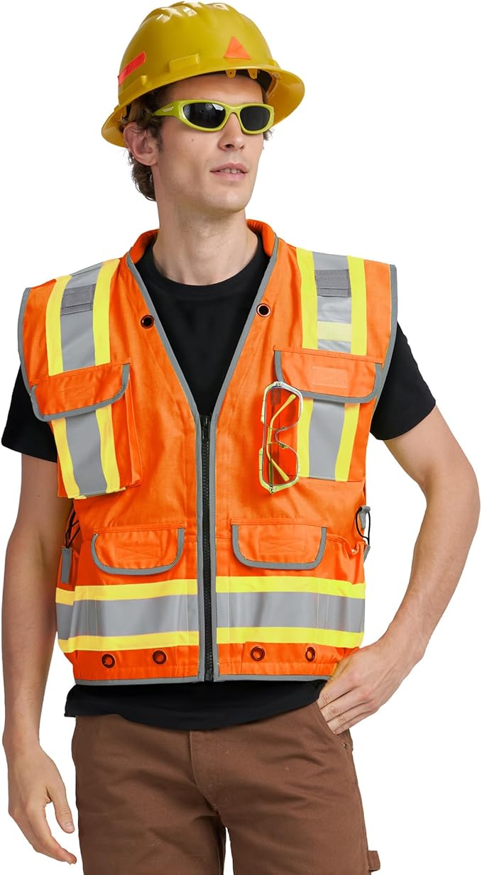 AYKRM Heavy Woven cotton High Vis Reflective work construction safety vest for men Class 2 with ipad Cargo Pockets