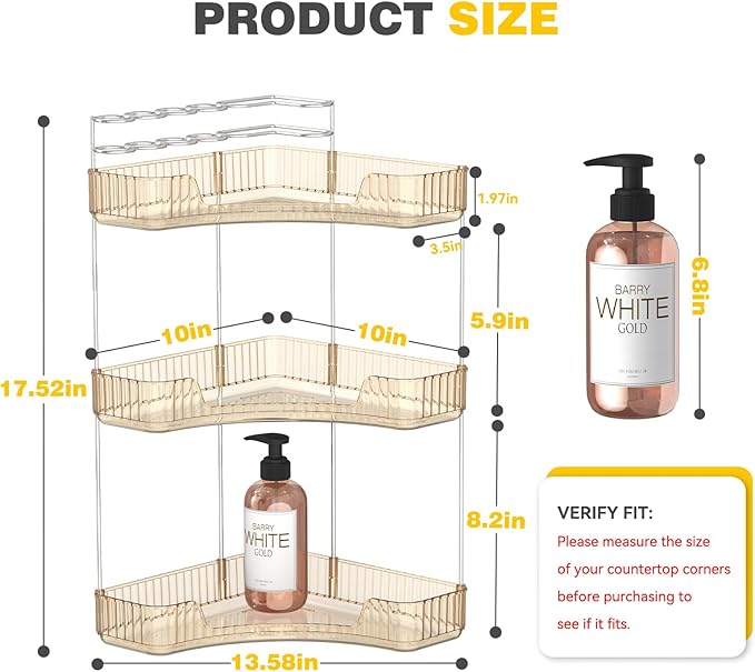 3-Tier Corner Bathroom Counter Organizer with Top Toothbrush Holders,Large Makeup Organizer Countertop with Brush Holder,Skincare Organizers Corner,Exquisite Vanity Organizer (Gold, 3 Tier)