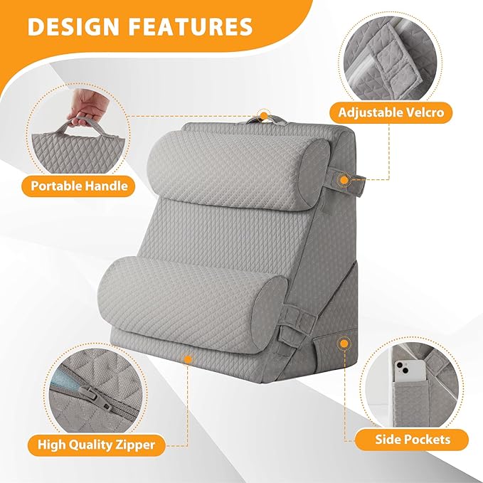 4PCS Wedge Pillow Set for After Surgery, Adjustable 9&12 Inch Bed Wedge Pillow for Sleeping, Incline Pillow Wedge for Headboard, Post Surgery, Acid Reflux, Neck&Back Support, Grey