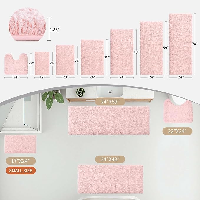 Bathroom Runner Rug 24x70 Pink Non Slip Fluffy Long Bath Mat for Bathroom Floor Washable Plush Luxury Bath Rug for Tub Absorbent Shower Sink Mat Bedside Rug